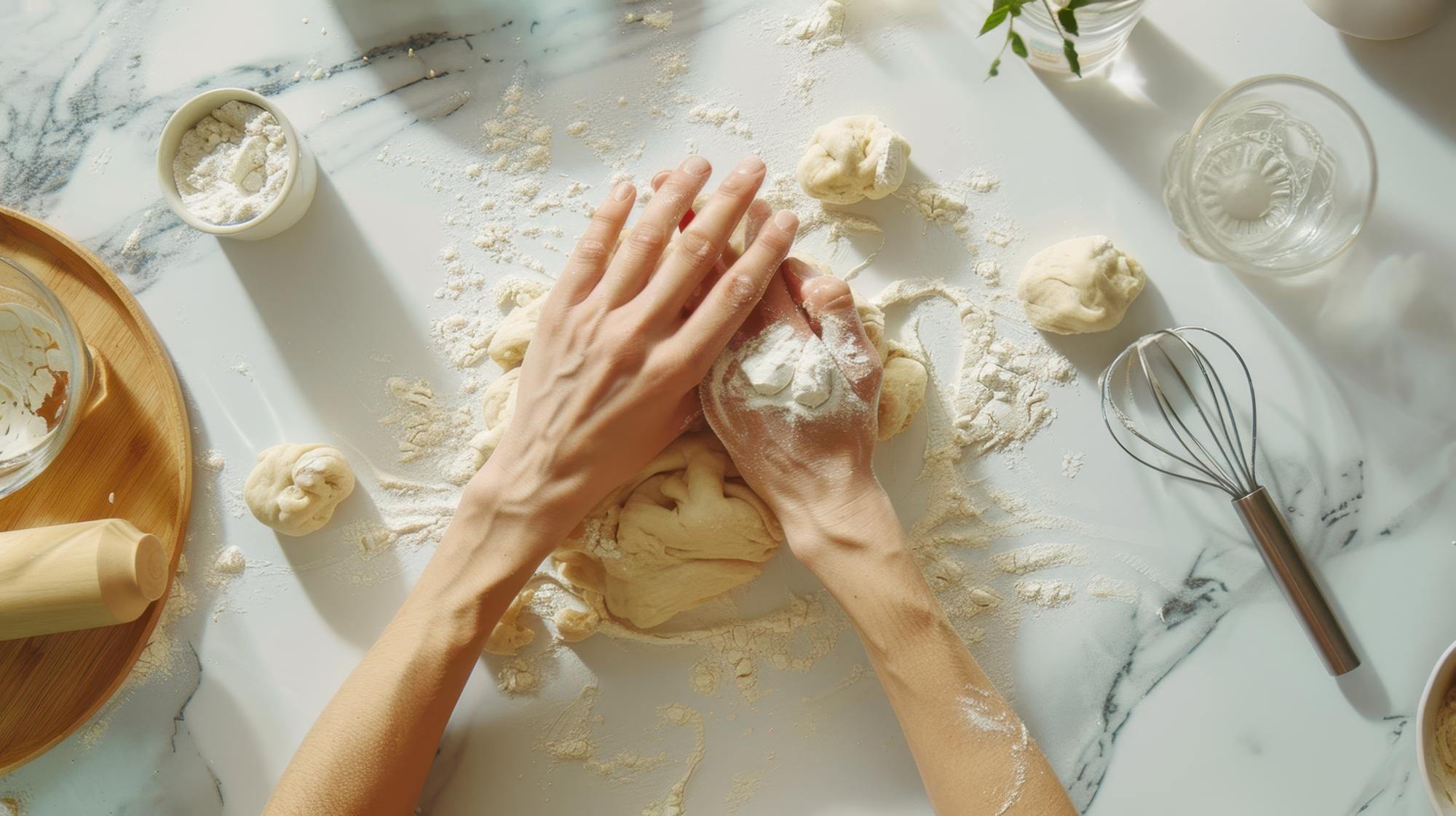Hands kneading dough on marble surface